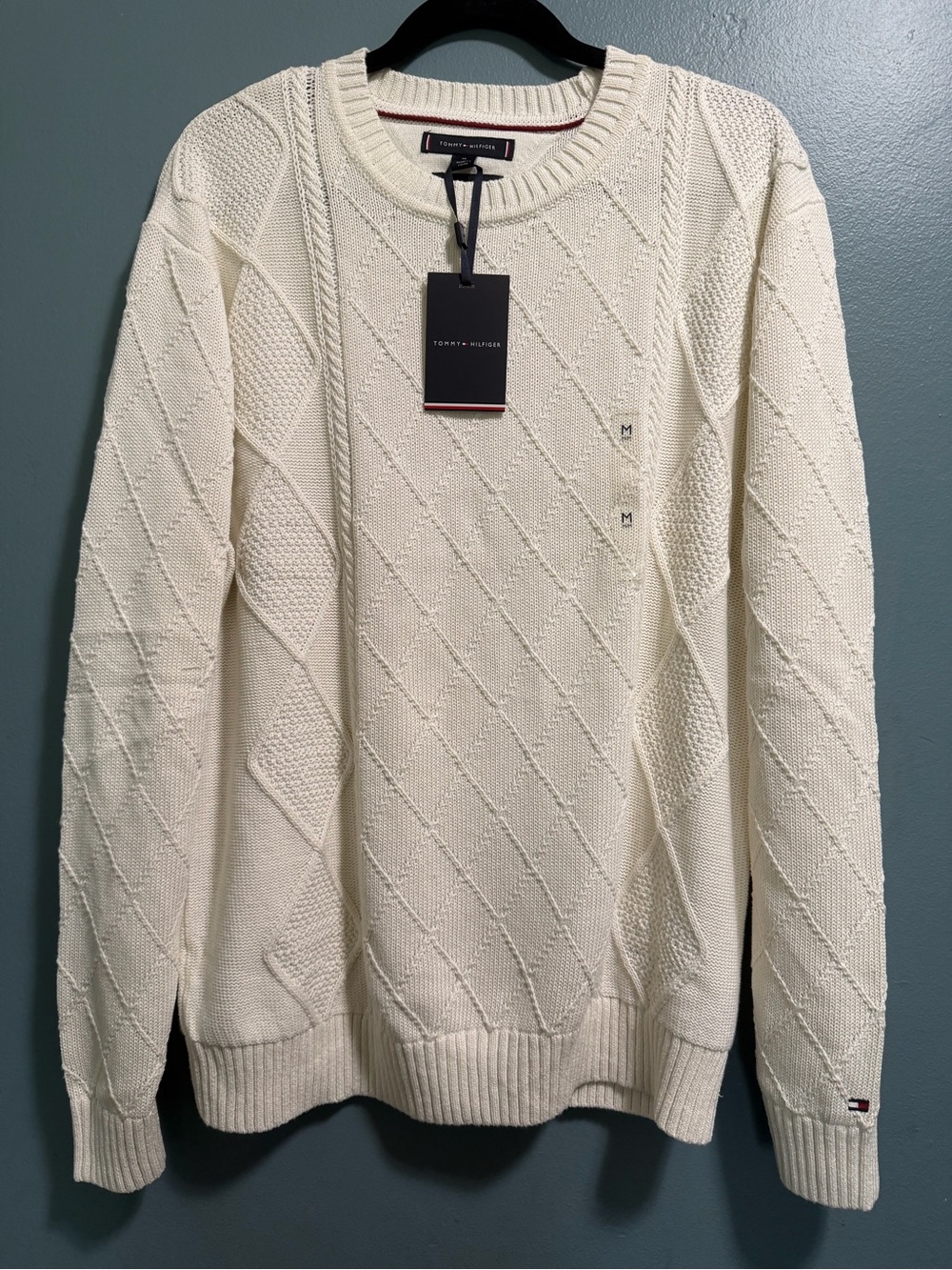 Tommy Hilfiger Mens M Ivory Linen Blend Cable Knit Diamond Pattern Sweater NEW